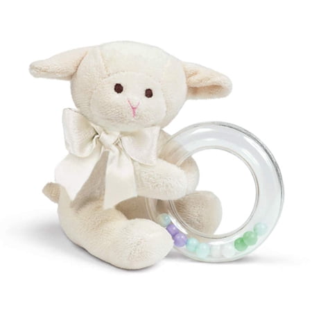 Bearington Baby Lamby Plush Stuffed Animal Cream Lamb Shaker Toy Ring Rattle, 5.5"