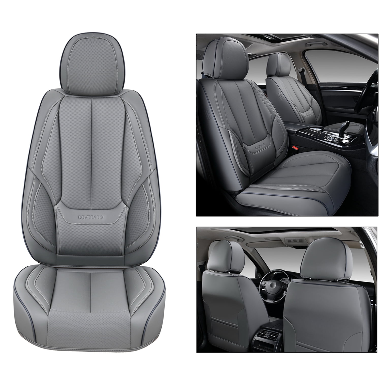 Coverado Gray Front Car Seat Covers, Stylish Waterproof Premium Leather Automotive Seat Protectors, Airbag Compatible Auto Interior Accessories Universal Fit for Most Cars SUV Pick-up Trucks