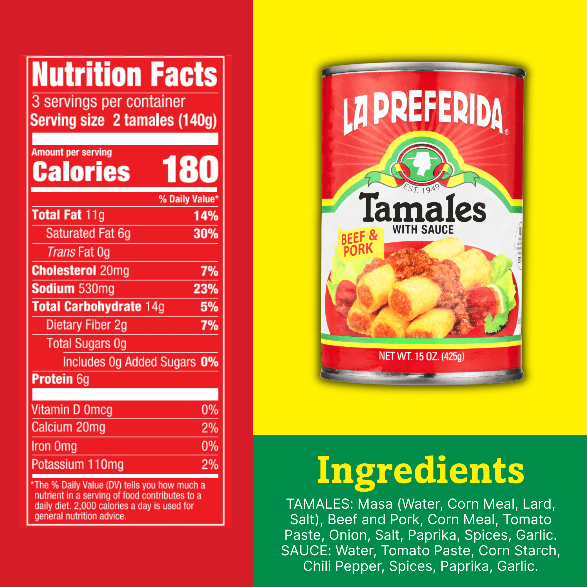 (3 pack) La Preferida Beef & Pork Tamales (in Savory Tomato Sauce)