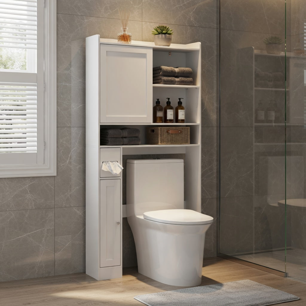 Hommoo Over-the-Toilet Storage Cabinet with Sliding Door, MDF Bathroom Organizer, Adjustable Shelves & Wall-Safe Anti-Tip Design, White