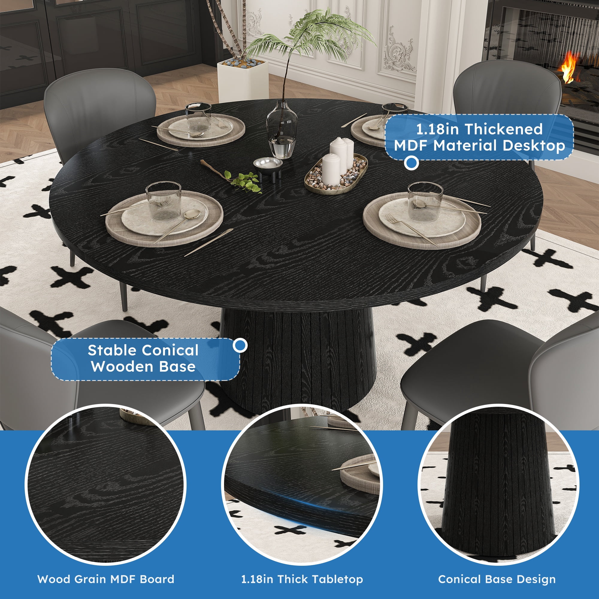 PORKISS 47" Circle Dining Table, Fluted Round Kitchen Table for 4 with 1.18" Thick Wood Tabletop, Modern Farmhouse Dining Room Table with Metal-Reinforced Base for Kitchen, Black