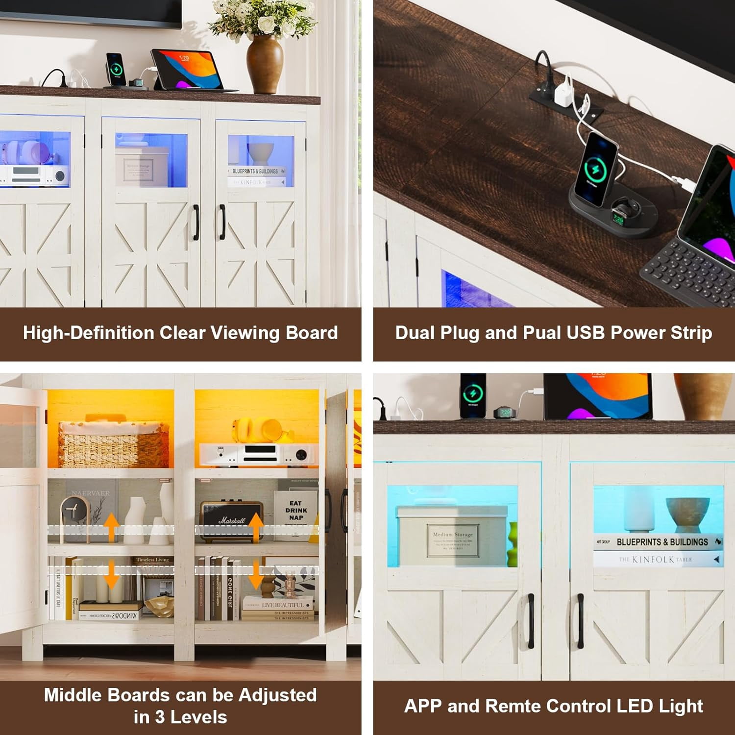 ChVans LED Farmhouse TV stand for up to 85" TVs with Power Outlet, 74" Large Entertainment Center Console Table, 33.5" Tall Rustic Media Console w/Storage Shelves for Living Room