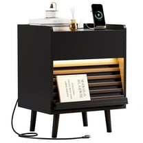 GUNAITO Nightstand with Charging Station Bedside Table with LED Light Wood Nightstand with Drawers End Table for Small Space Black 1pc