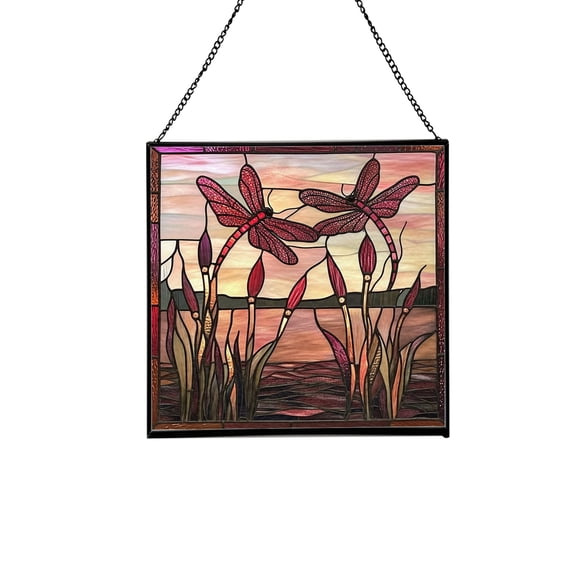 Tiffany Style Dragonfly and Flowers Square Stained Glass Suncatcher – Handmade Hanging Window Panel for Nature-Inspired Home, Garden, Office Decor 56CA5
