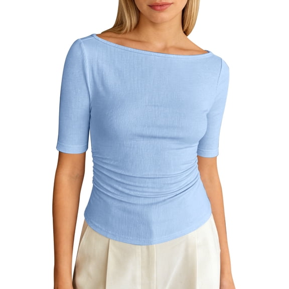 DHFJKG T Shirts For Women Sexy Slim Fit Basic Tee Comfortable Casual Solid Color Half Sleeve Boat Neck Ribbed Tshirt Trendy Tops