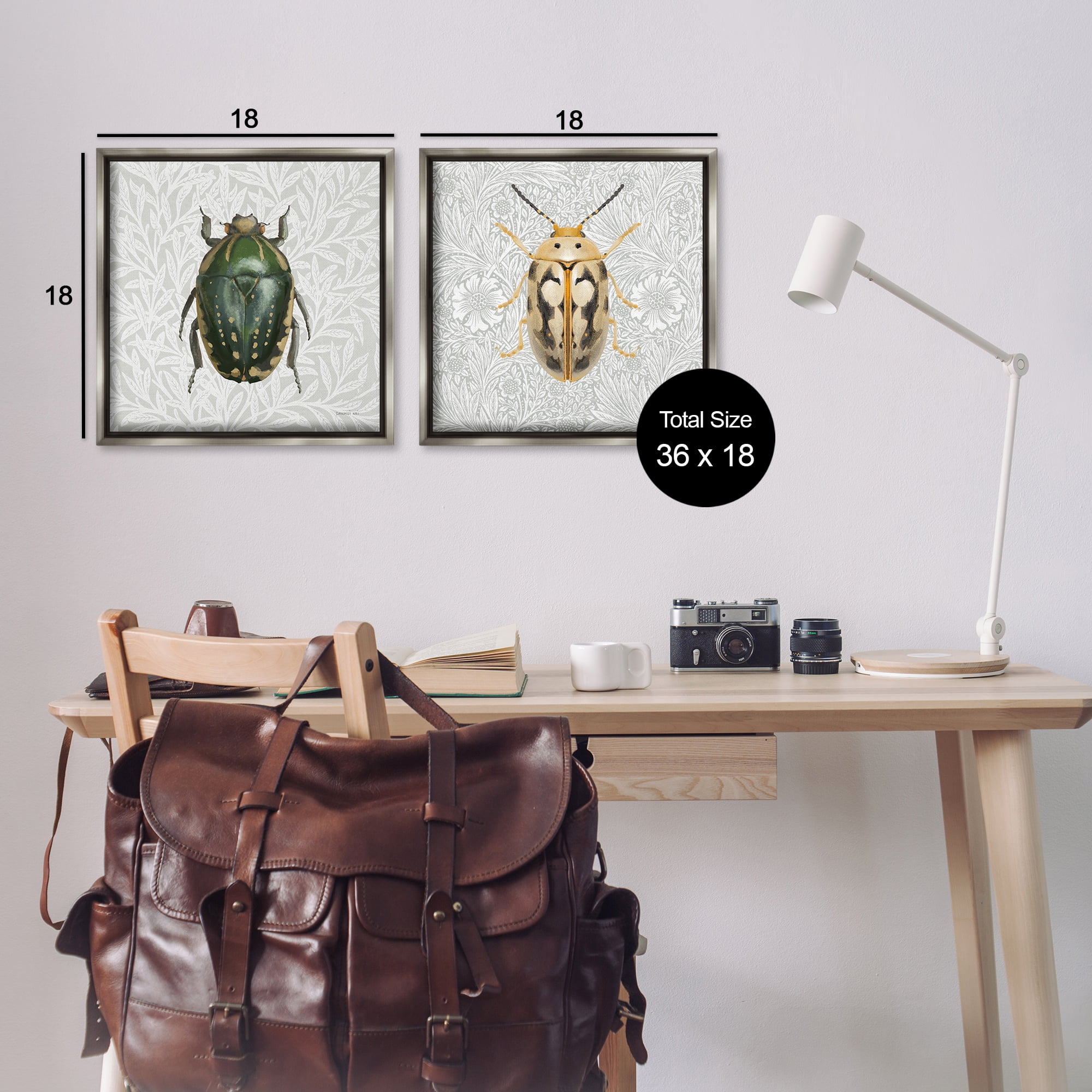Stupell Industries Beetle Insect Portrait Animals Painting Gray Floater Framed Canvas Art Print Wall Art, 18 x 18, Set of 2
