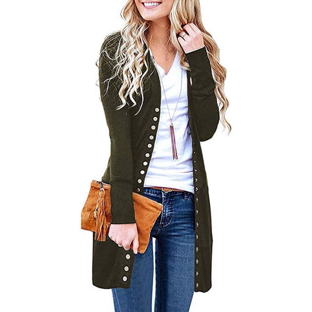 Women Long Sleeve Snap Button Down Solid Color Knit Ribbed Neckline Cardigans