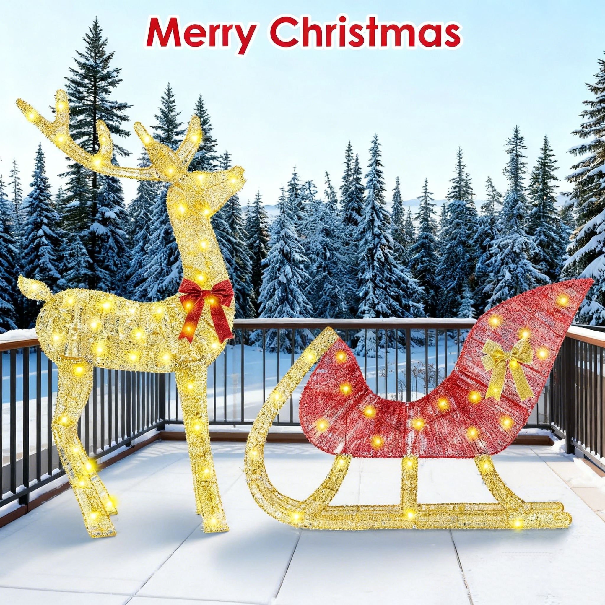 Christmas Reindeer & Sleigh Outdoor Decoration with Lights, 16.97ft LED String (Warm Yellow) 8 Modes, Sturdy Rustproof Iron Frame, Reusable Indoor Outdoor Decor for Yard Patio Party Office