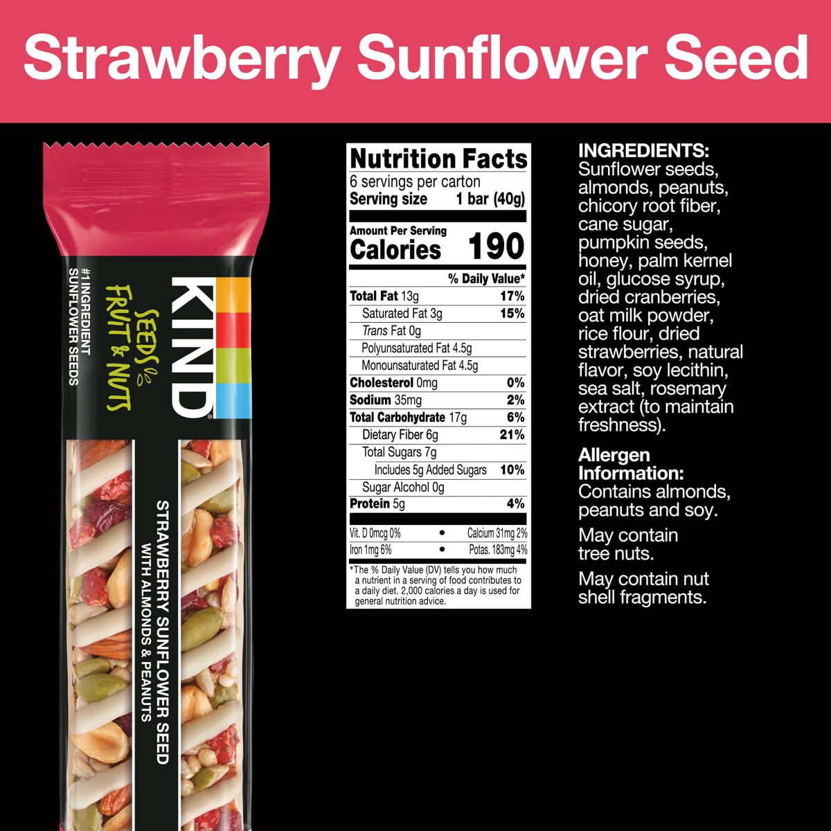 KIND Bars Strawberry Sunflower Seed Gluten Free Snacks - 6ct - Pack of 2
