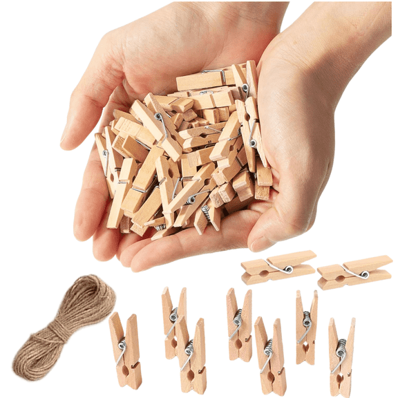 100pk Mini Wooden Clothespins for Photos with 32ft Jute Twine, 1.35" Small Clothes Pins for Crafts Pictures, Tiny Decorative Pegs