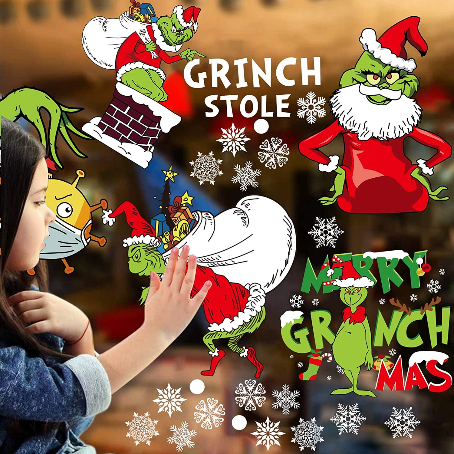 Lot De 9 Feuilles D'autocollants De Noël Grinch - Double Face - Flocons De Neige - Autocollants De Noël - Pour La Maison, L'école, Les Fêtes, La Décoration De Fenêtre