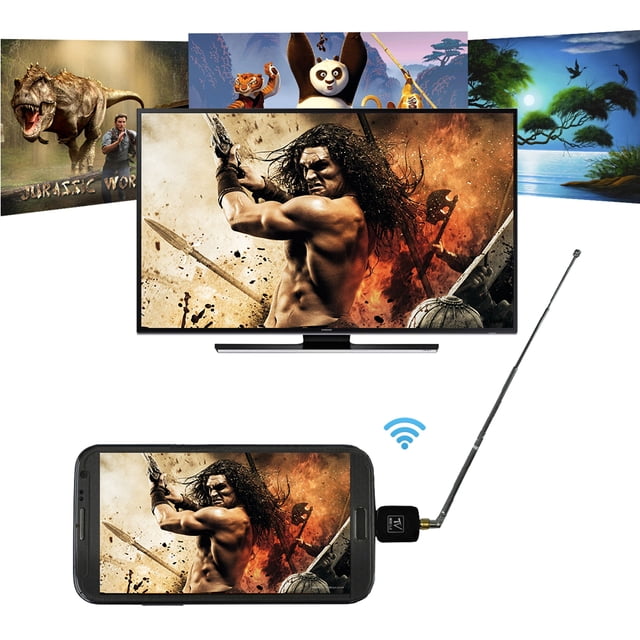 receptor de sintonizador de tv digital mini micro usb dvb-t para teléfono android tablet pc multicolor, vista frontal centrada de sintonizador USB micro conectado a un teléfono Android en horizontal con antena telescópica desplegada; pantalla del teléfono replicada en un televisor detrás y carteles de programas en segundo plano, carcasa negra compacta (aprox. 27×18×8 mm) y conector USB 2.0, antena UHF extendida (87–227 mm). Compatible con búsqueda automática de canales y guía electrónica de programas (EPG); incluye antena y CD. También a menudo se usa para ver TV móvil en viajes.