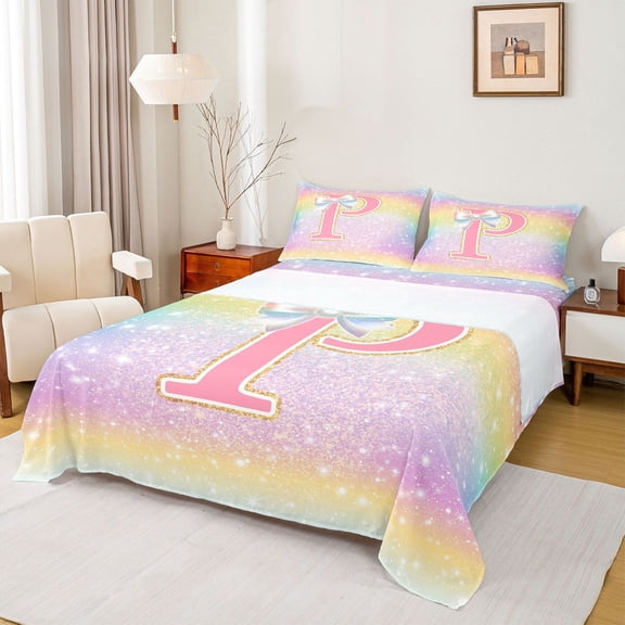 Homewish Kawaii Girls Letter P Twin Sheet Sets for Kid, Cartoon Monogrammed Twin Fitted Sheet, Bling Stars Rainbow Flat Sheet, Super Cozy Room Decor, 3pcs