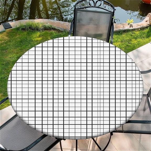 Round Fitted Tablecloth with Elastic Edge Design Table Cover Waterproof Stain-Resistant Wipeable Table Cloth Best for 38"-42" Round Tables Black and White Checkered Pattern
