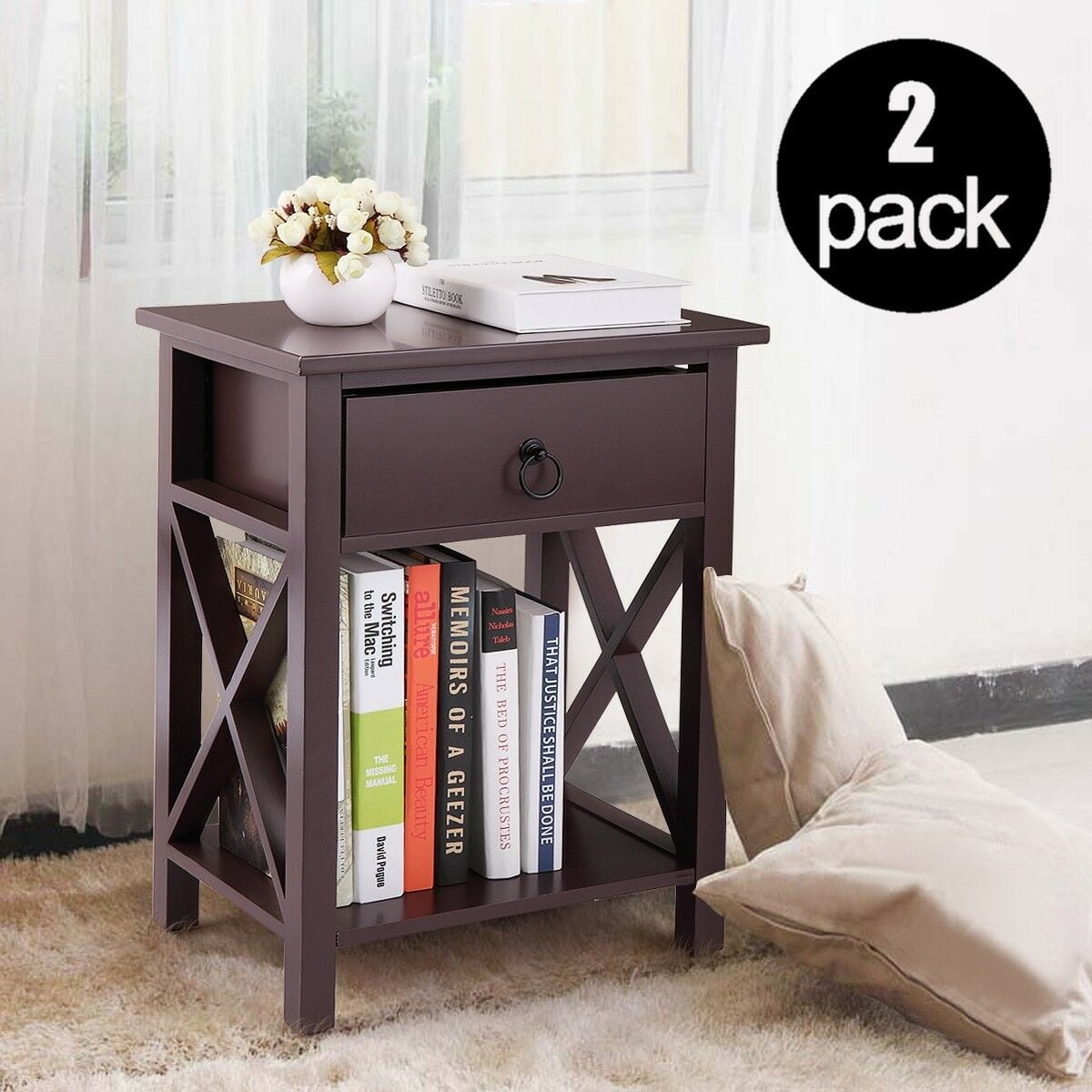 Kepooman Night Stand Set of 2, Bedside Sofaside Table End Table w/ Storage Drawer - Brown Kepooman Night Stand Set of 2, Bedside Sofaside Table End Table w/ Storage Drawer - Brown