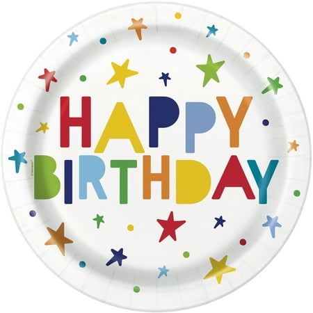 Way to Celebrate! Multicolor Bright Stars Birthday Plaid Paper Dinner Plates, 9in, 10ct