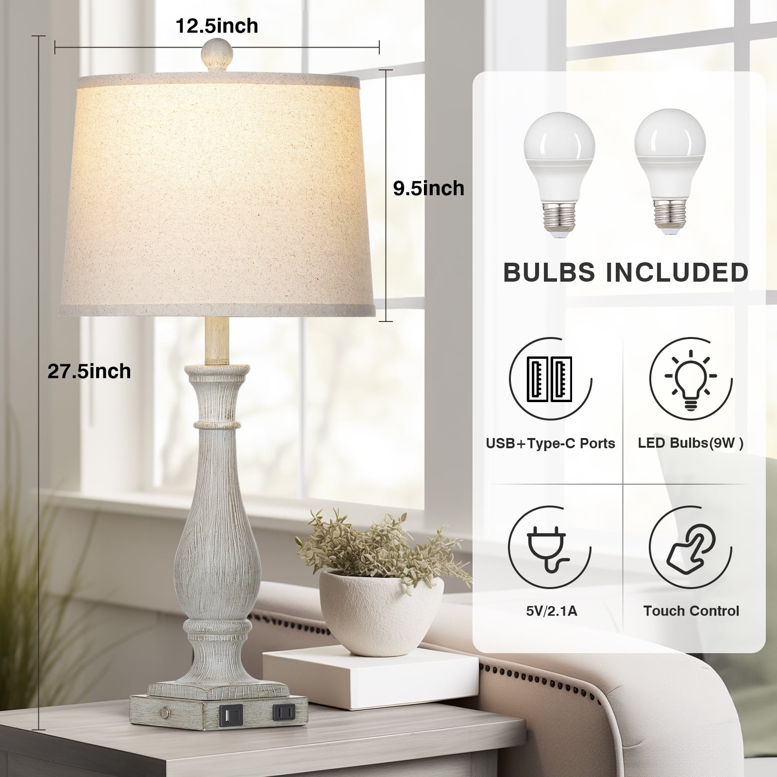 Cinkeda Table Lamp Set of 2 with 2 USB Charging Ports,3 Way Dimmable Rustic  Bedside Nightstand Lamps for Bedroom Living Room