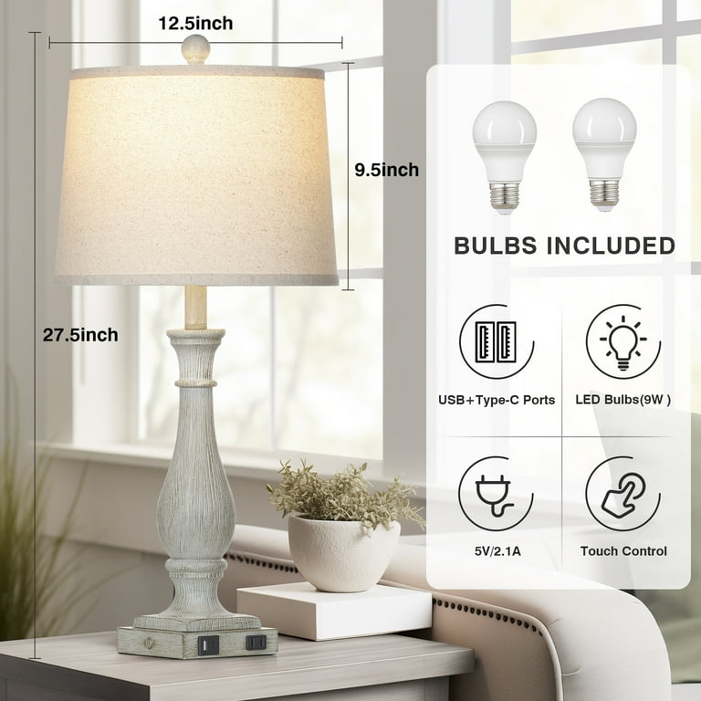 Cinkeda 27.5" Rustic Bedside Lamps with USB Charging, Set of 2 photo 5