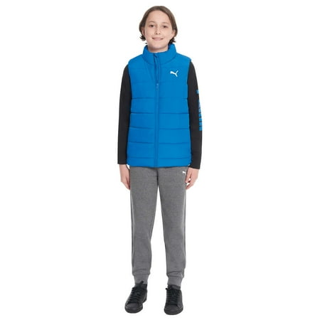 PUMA Kids' 3-Piece Vest, Tee and Jogger Pant Set, Blue/Gray Medium 10/12