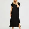 thumbnail image 2 of Arnsht Women Summer Linen T Shirt Dress Casual Short Sleeve Round Neck Maxi Dresses Loose Side Slit Long Tshirt Dress with Pockets Black S, 2 of 6