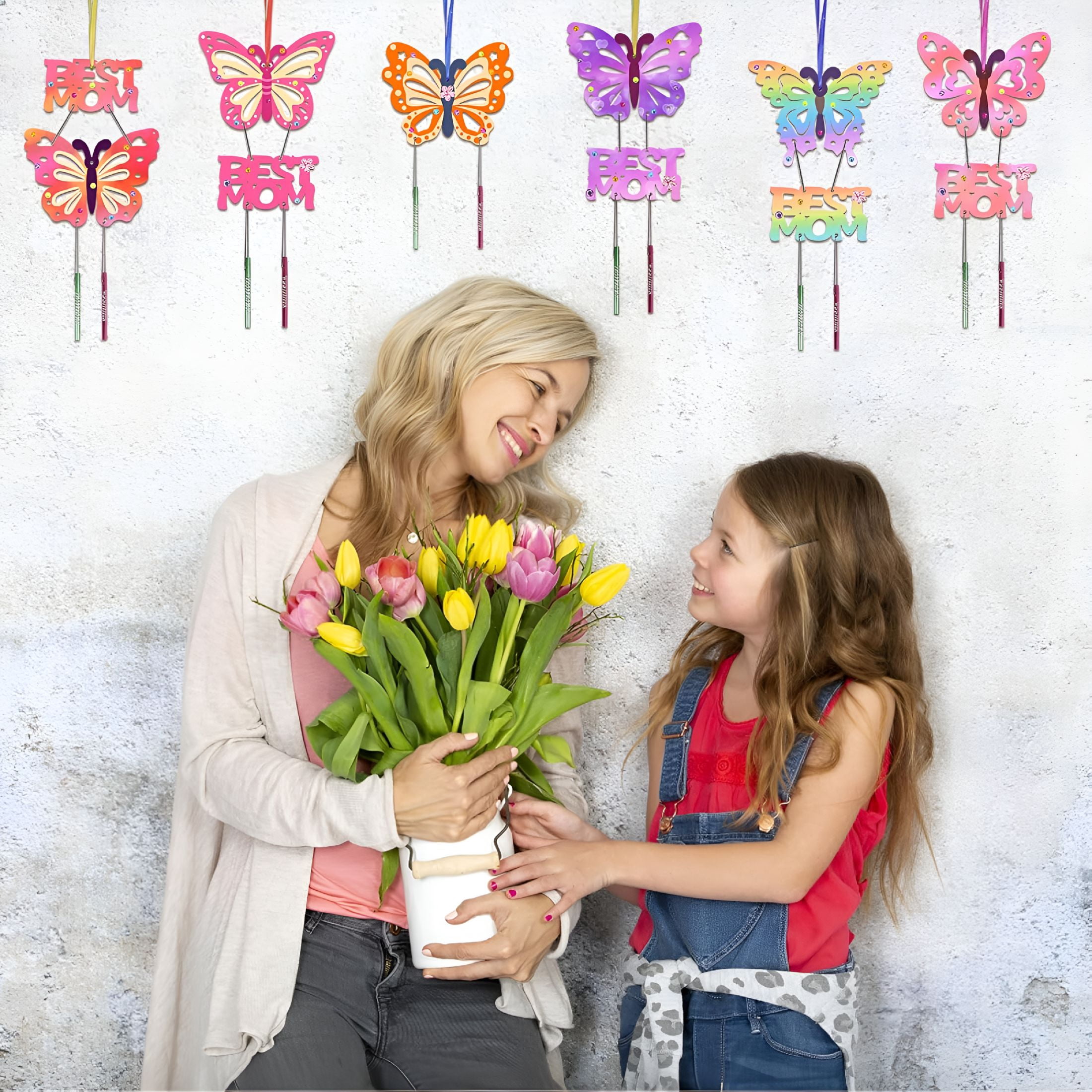 BESTSKY 12 Pack Butterfly Wind Chime Kit for Kids Make Your Own Mother’S Day Craft Kit Diy Coloring Wooden Art and Craft for Mom’S Birthday Decoration from Son Daughter