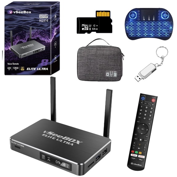 Vseebox Elite Ultra Android TV Box, Android 12, 4GB RAM 128GB Storage, Wi-Fi 6 with Bluetooth Voice Remote