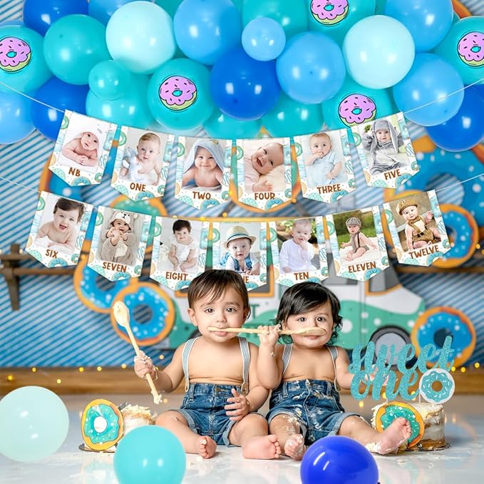 Sweet One Donut 1st Birthday Party Decors Boy Donut 1st Birthday Macaroon Blue Balloon Garland Arch Kit with Donut Photo Banner High Chair Banner, Sweet One Banner Cake Topper, Doughnut Foil Balloon