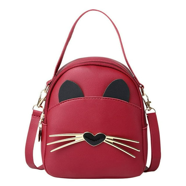 Women PU Leather Crossbody Messenger Bag Cute Cat Shoulder Backpack (Pink)