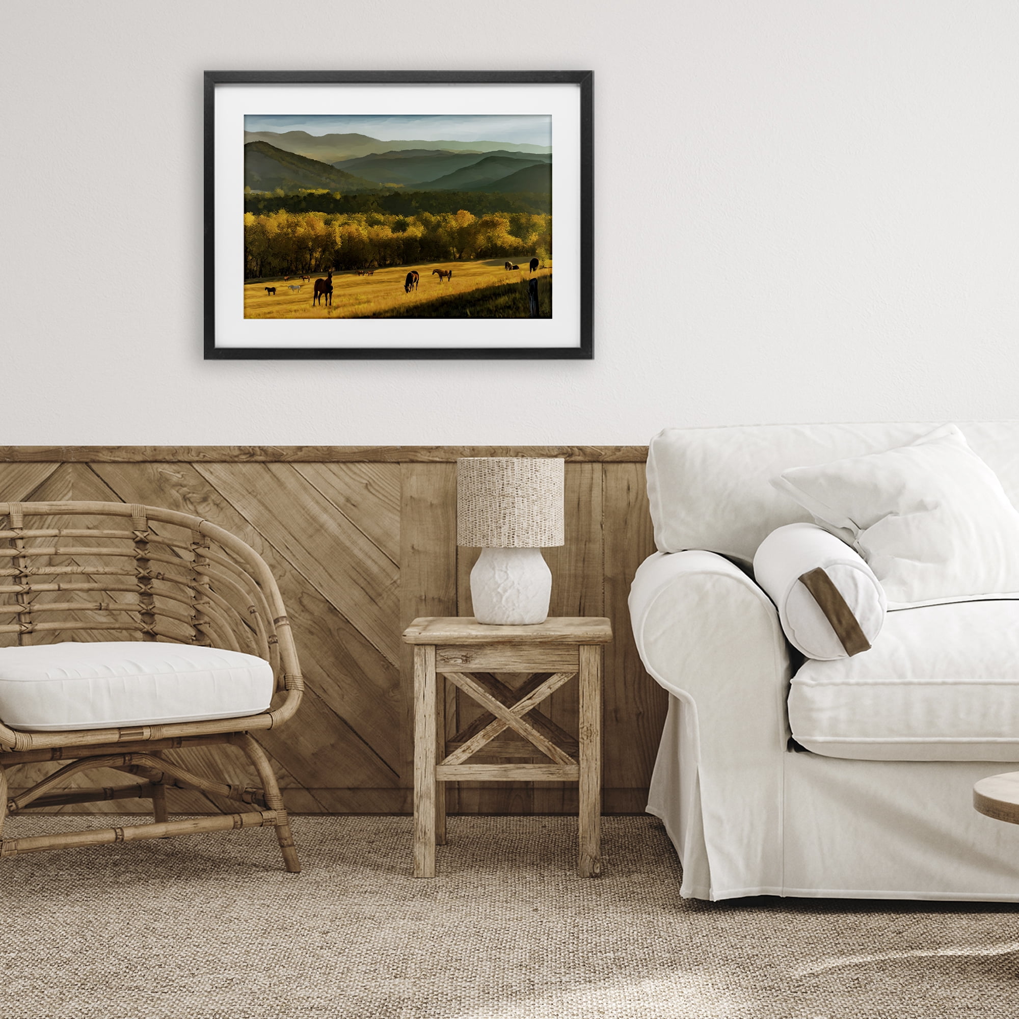 Stupell Industries Grazing Horses in Valley Black Framed Print Under Glass, design by Renel Peters