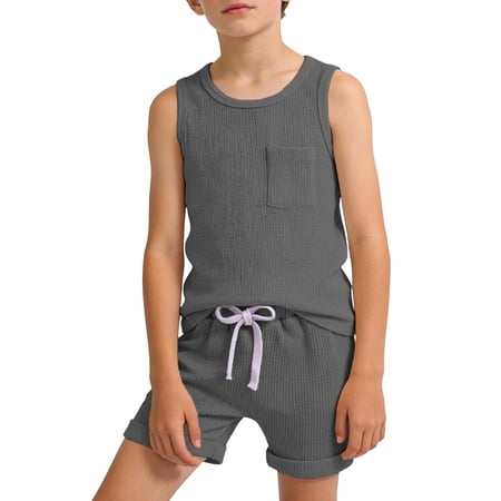 Tfken Summer Outfit Sets For Boys Crew Neck Solid Color Sleeveless Vest With Shorts Set Casual Trendy Toddler Classic Outfit Gray Size 1-2 Years