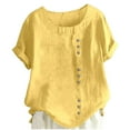 thumbnail image 6 of Conairie Women Linen Shirts Solid Short Sleeve Regular Fit Crew Neck Button Shirt Comfortable Soft Classic Dressy Casual Tee Light Yellow M, 6 of 7