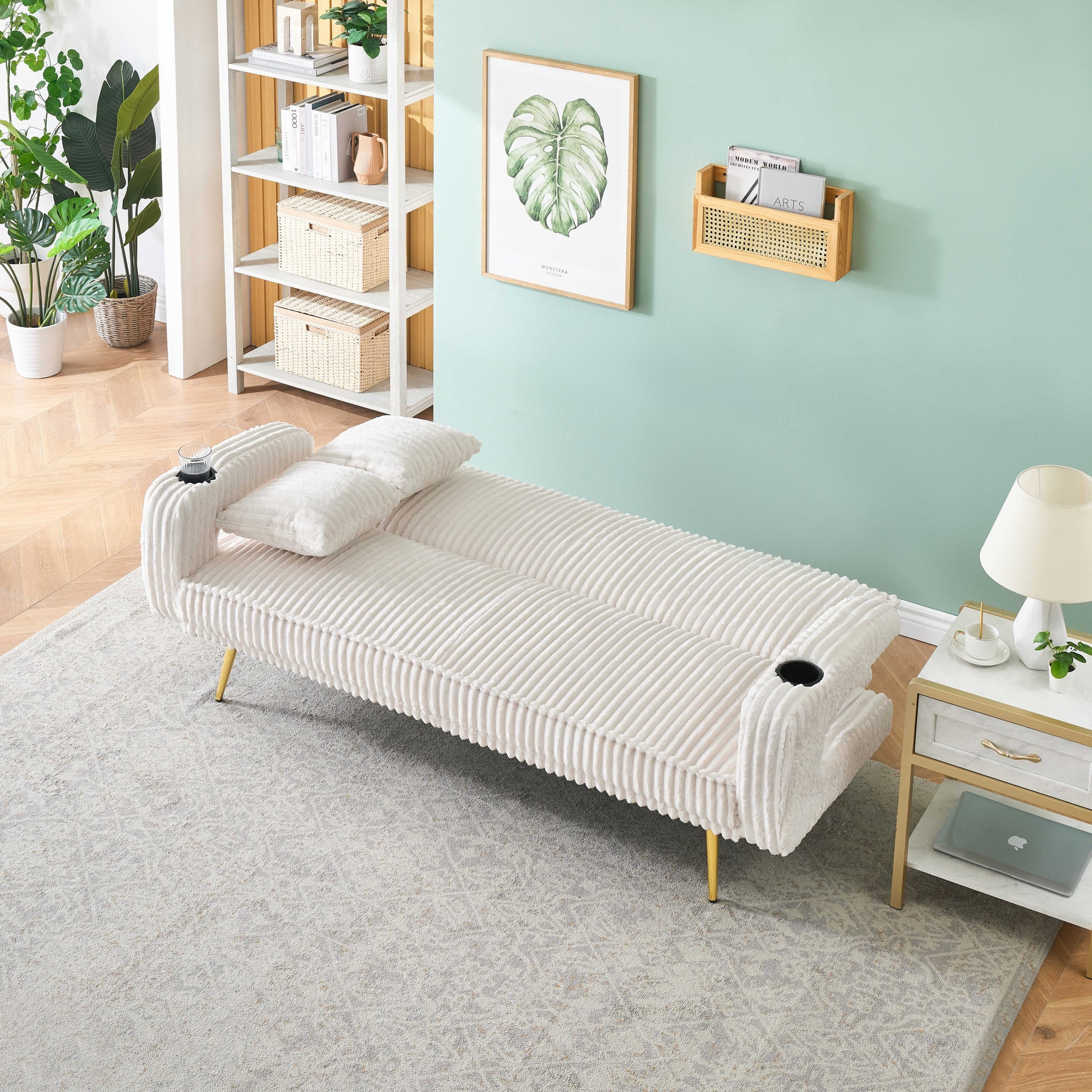Corduroy Futon Sofa Bed with Pillows,74 inch Modern Convertible Loveseat Sleeper Bed with Adjustable Backrest for Living Room,White