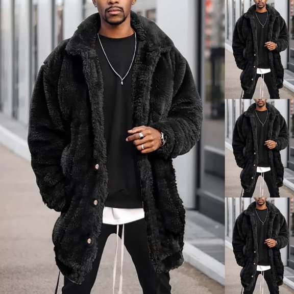 Miluxas Men Winter Thick Hoodies Tops Fluffy Fleece Fur Jacket Hooded Coat Outerwear Long Sleeve Cardigans Black