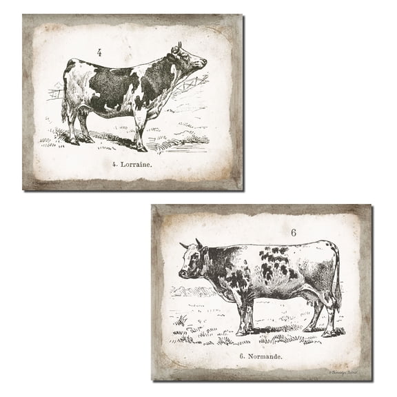 Off-White and Brown French Cow and Bull Adult Country Decor; 2 - 14" x 11" Unframed Posters