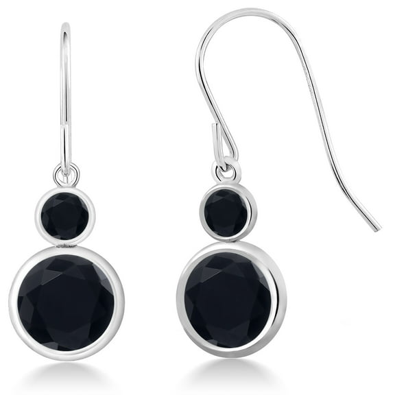 Gem Stone King 3.49 Cttw Black Onyx Hook French Fish Ear Wire Dangle Earrings for Women | 925 Sterling Silver | Gemstone December Birthstone | Round 8MM and Round 3MM