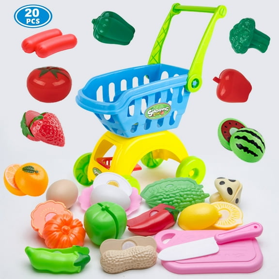 NimJoy Big Toy Shopping Cart W/Cutting ABS Foods for Kids 3Y , Pretend-N-Play Shopping Grocery Play Set Gifts to Toddlers Girls Boys (Unisex), 20 Pcs Blue