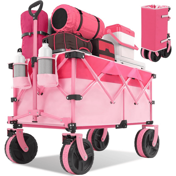 220L Collapsible Foldable Wagon with 330lbs Weight Capacity, Heavy Duty Folding Utility Garden Cart with Big All-Terrain Beach Wheels & Drink Holders.Pink