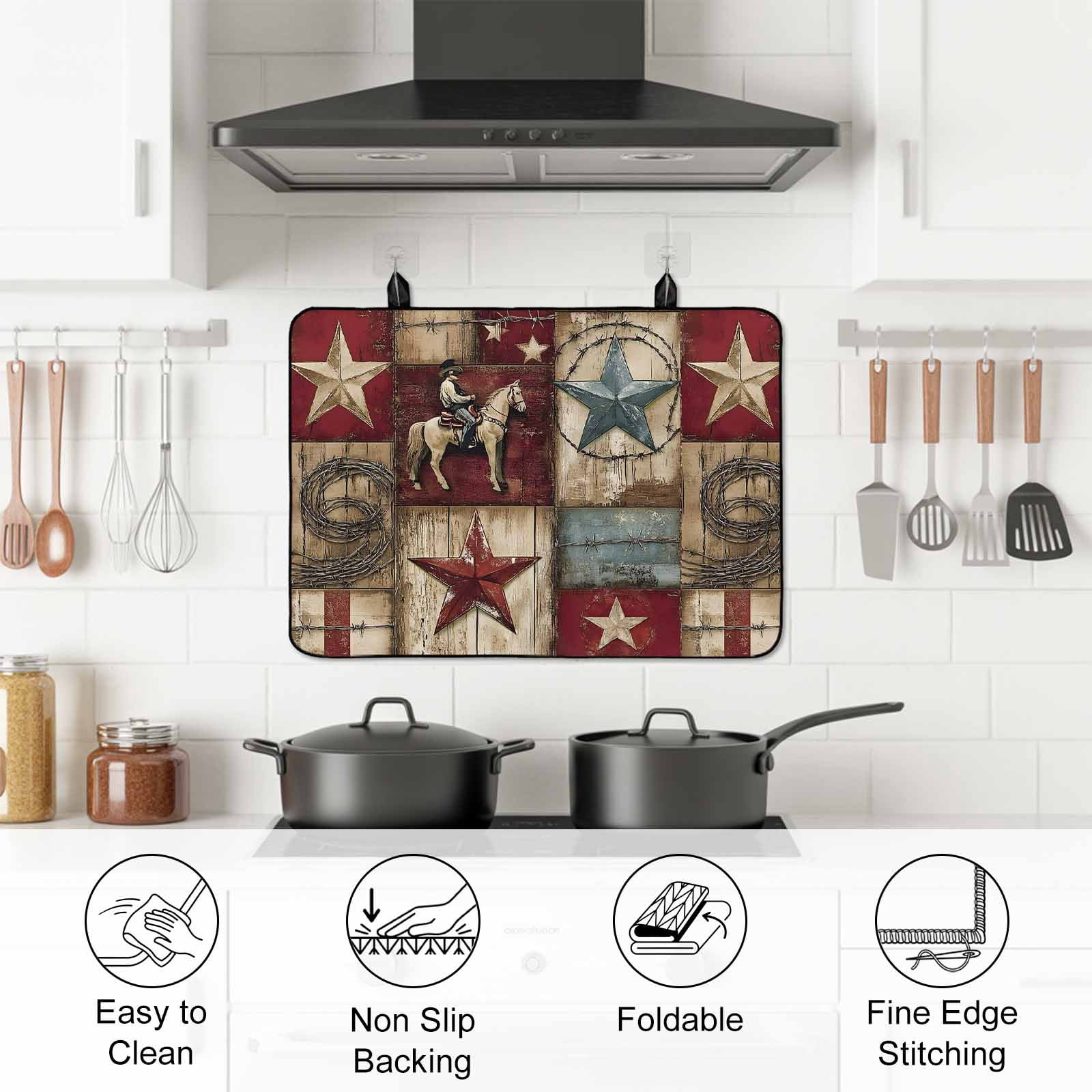 Texas Star Vintage Stove Top Cover for Electric Stove, Heat-proof & Non Slip Glass Top Stove Cover Protector, Country Star Western Cowboy Kitchen Flat Cooktop Rubber Mat 24x21 Inches