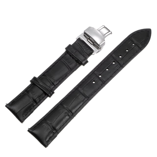 Uxcell Cowhide Leather Band Deployment Buckle Watch Strap 15mm Leather Strap, Black, Silver