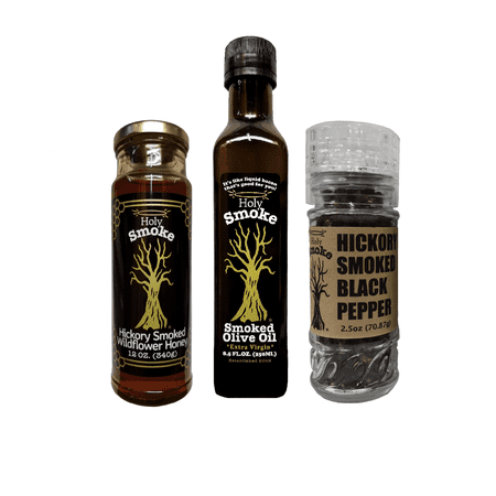 Hickory Honey - Holy Smoke Family of Smoked Products Gift Set - EVOO 8.5 oz, Pepper 1.7 oz, & Hickory Honey 12 oz.