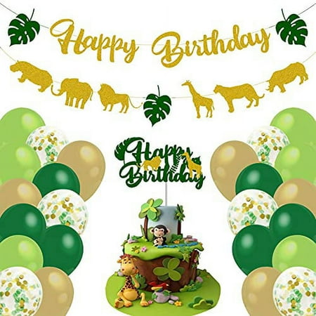 Jungle Safari Birthday Party Decorations Boys, Jungle Theme Birthday Decorations Party Supplies with Happy Birthday Banner, Balloons, Palm Leaves, Cake Toppers (Birthday decoration)