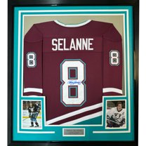 Framed Autographed/Signed Teemu Selanne 35x39 Anaheim Maroon Retro Hockey Jersey JSA COA