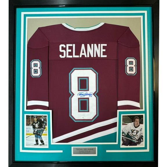 Framed Autographed/Signed Teemu Selanne 35x39 Anaheim Maroon Retro Hockey Jersey JSA COA