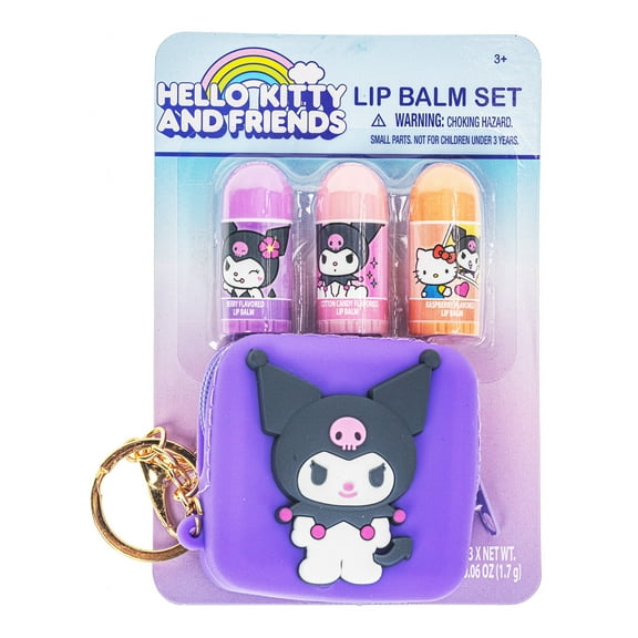 Hello Kitty & Friends 3-Pack Lip Balm Set, Kuromi Silicone Keychain Bag, Kids Ages 3