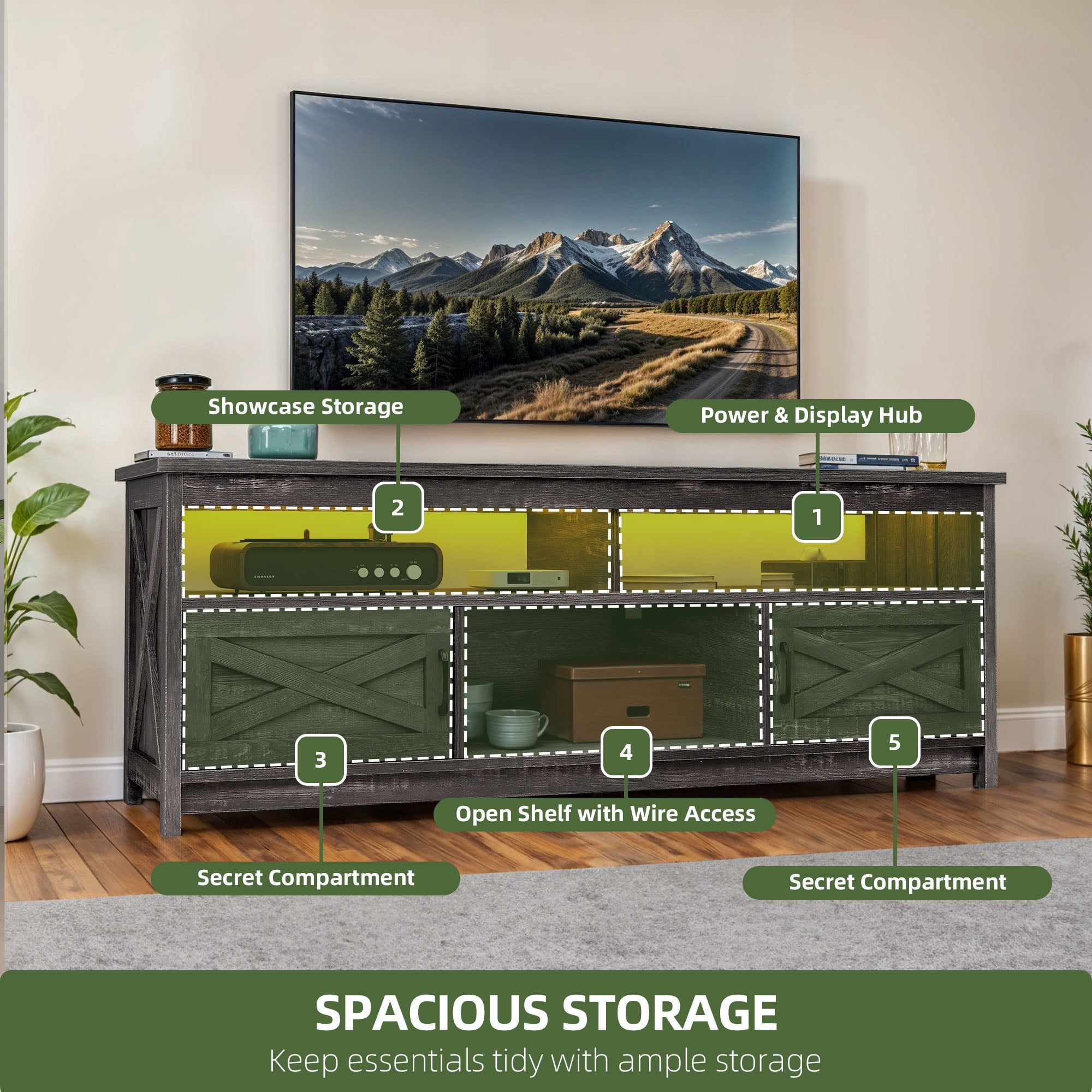 Uforic 65 Inch Farmhouse TV Stand Fits 70/75 Inch Flat Screen TV with RGB Ambient Light, Cable Holes, Built-in Power Station & Multi Storage Space for Living Room, Dark Grey
