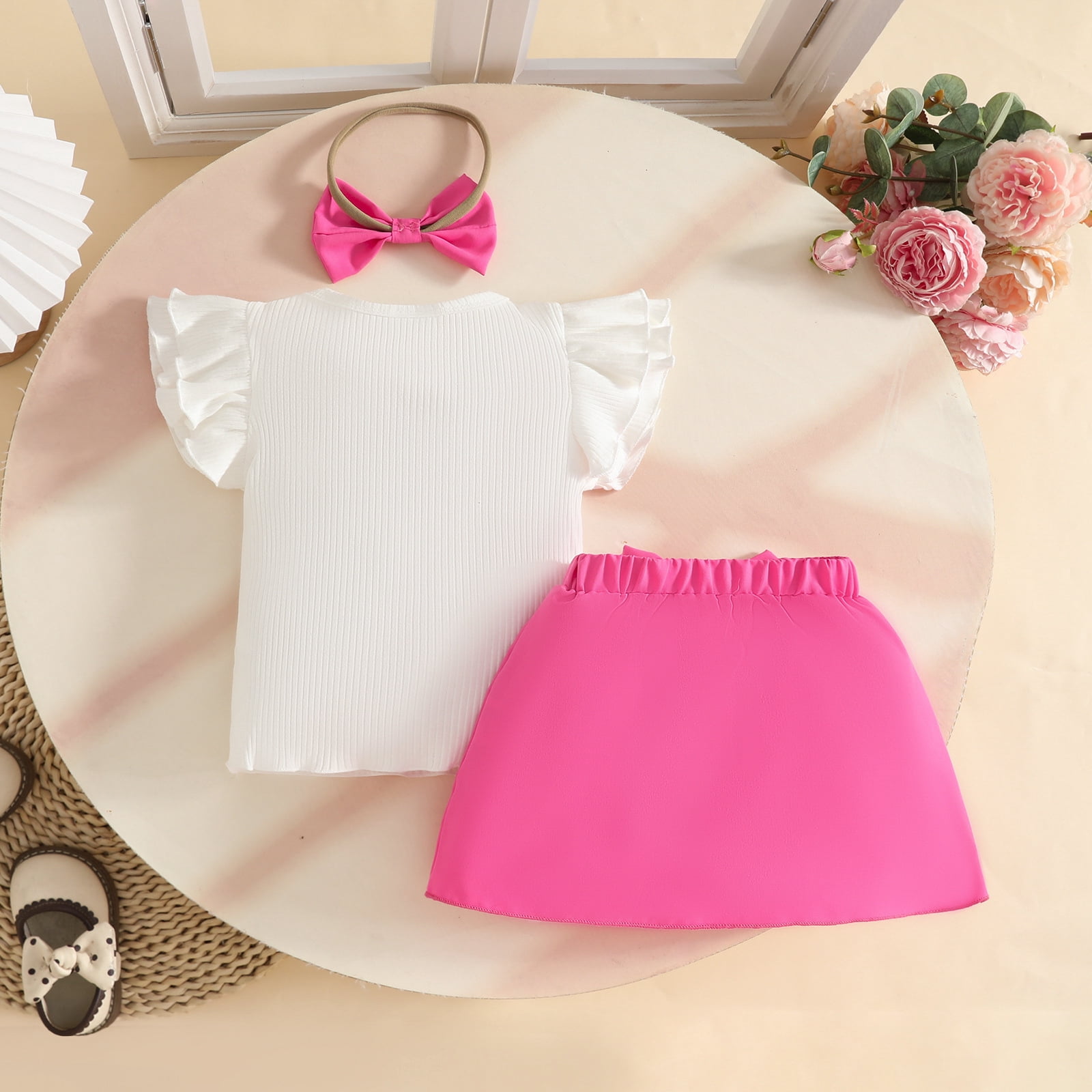 Faraee Toddler Baby Girl Skirts Outfit Infant Summer Clothes Ruffle Sleeveless Knit Vest Top A-Line Skirt Set with Headband (9-12M,Hot Pink)