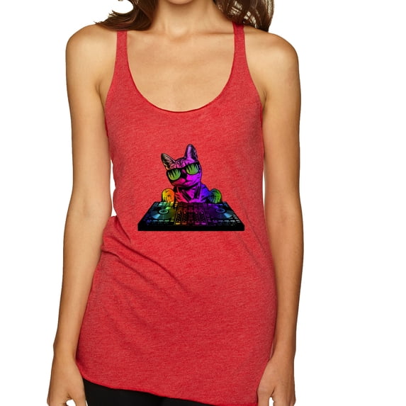 Neon Retro Rainbow DJ MC Hip Hop Cat | Womens Cat Lover Premium Tri-Blend Racerback Tank Top, Vintage Red, Large