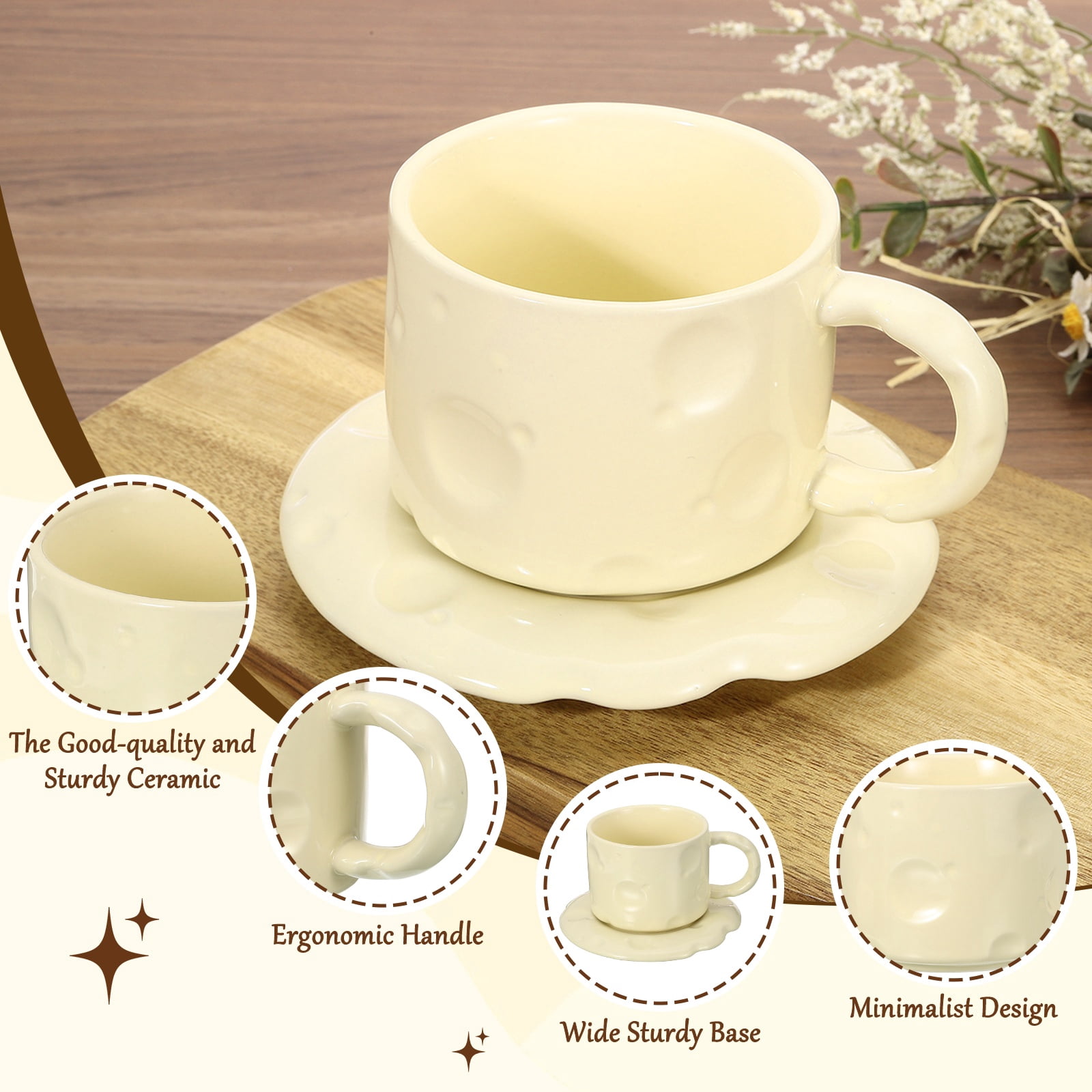 Uxcell 10oz Ceramic Coffee Mugs with Saucer Set, Creative Cute Cup with Handle Unique Irregular Design for Lovers Gift Tea Espresso Latte Kitchen Cafe, Dishwasher White