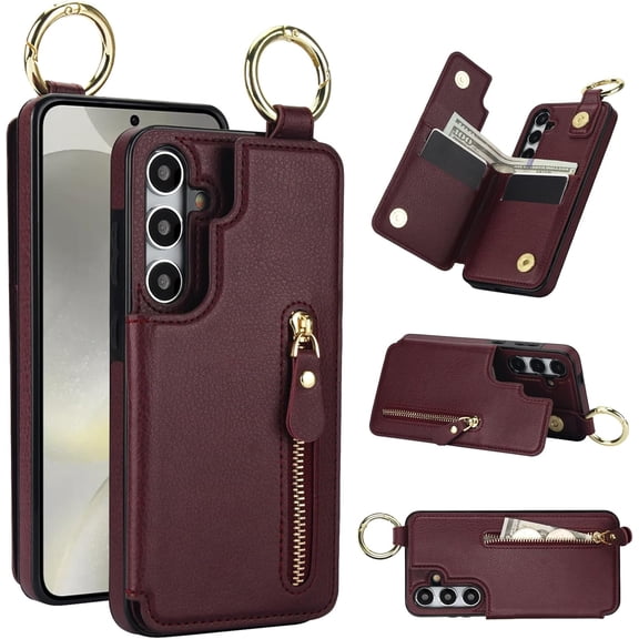 REQO for Samsung Galaxy S25 Wallet Case with Zipper and Credit Card Holder, Cash Slot, PU Leather Magnetic Clasp Kickstand Heavy Duty Ring Protective Cover