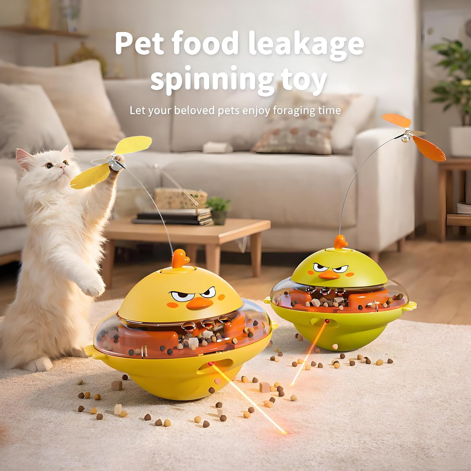 4-in-1 Automatic Cat Interactive Toy, Self-Balancing Spinning Laser Pointer w/Feather Teaser&Treat Dispenser, Bird Chirping, 360 °   Rotation, Quad-Sensory Boredom Relief for Indoor Cats